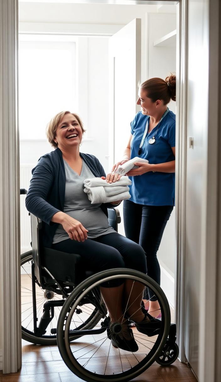 Support worker laughing with a woman in a wheelchair holding towels at a bathroom door