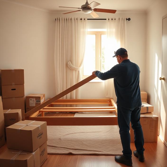 Removalist reassembling a bed frame in a sunny new bedroom