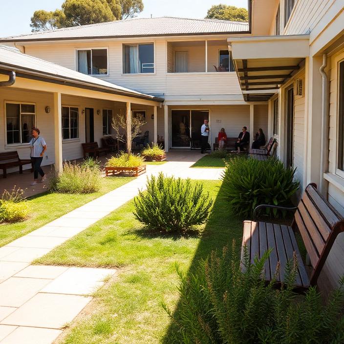 Sunny landscaped courtyard outside an accommodation building