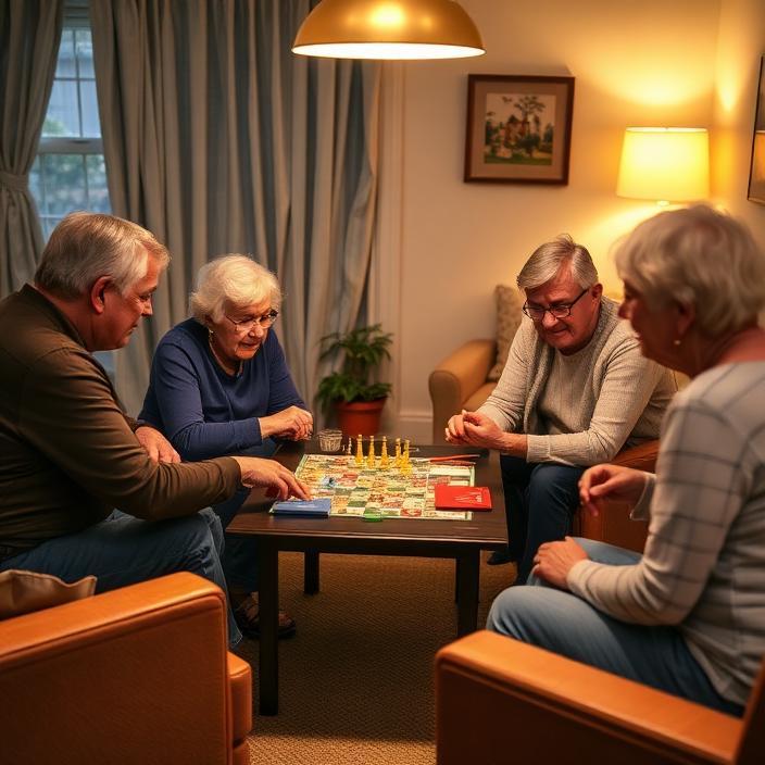 Small group playing a board game around a coffee table in the evening