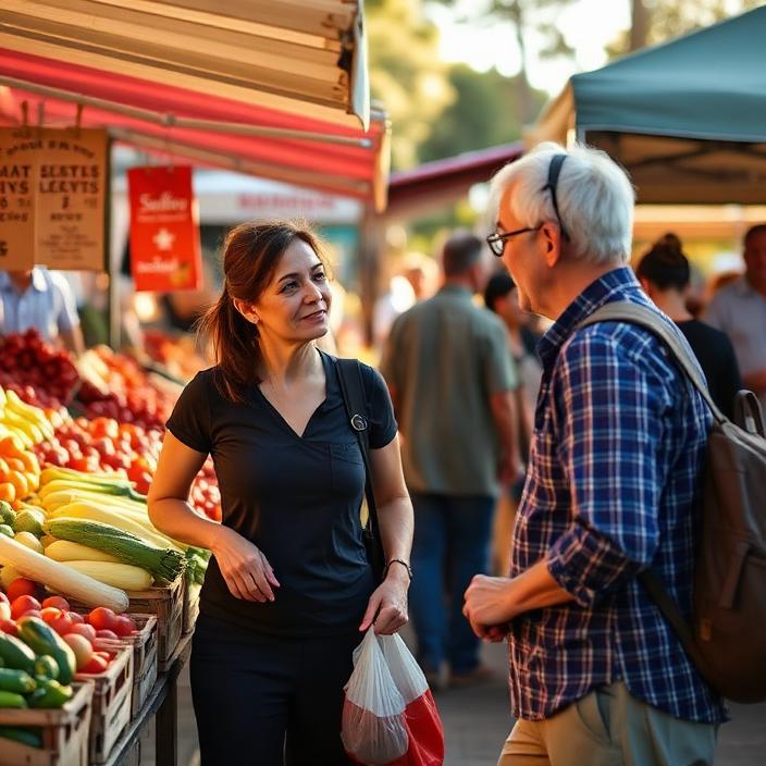 Support worker and participant browsing produce at a farmers market
