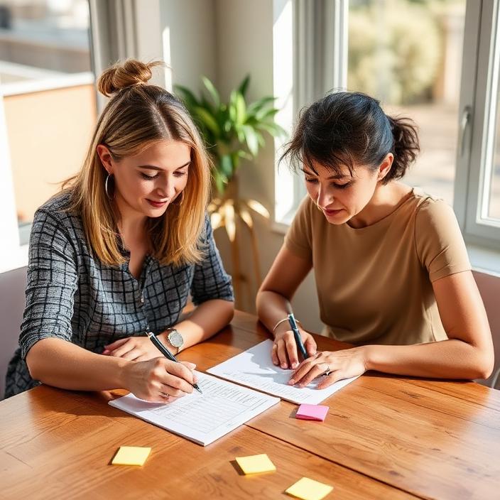 Coordinator and participant writing goals on a worksheet with sticky notes