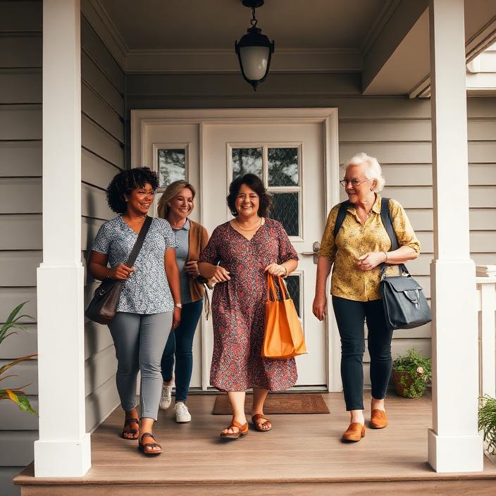 Housemates and a support worker heading out together from the front porch