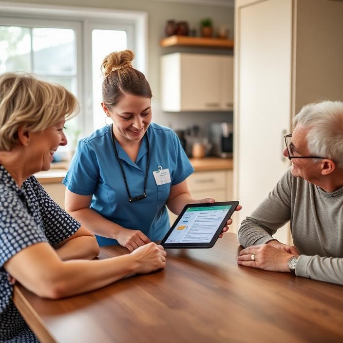 Community nurse reviewing a care plan on a tablet with a participant and family