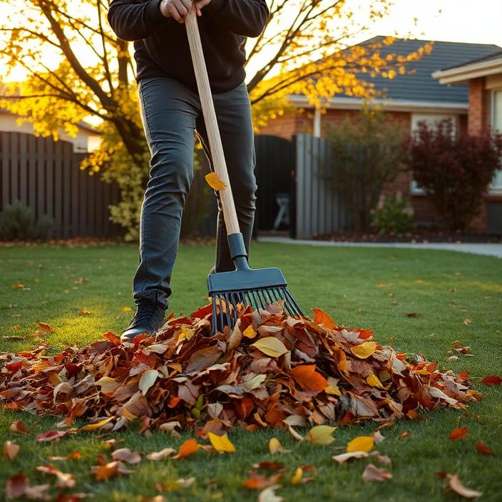 Person raking a colourful pile of autumn leaves on a suburban lawn