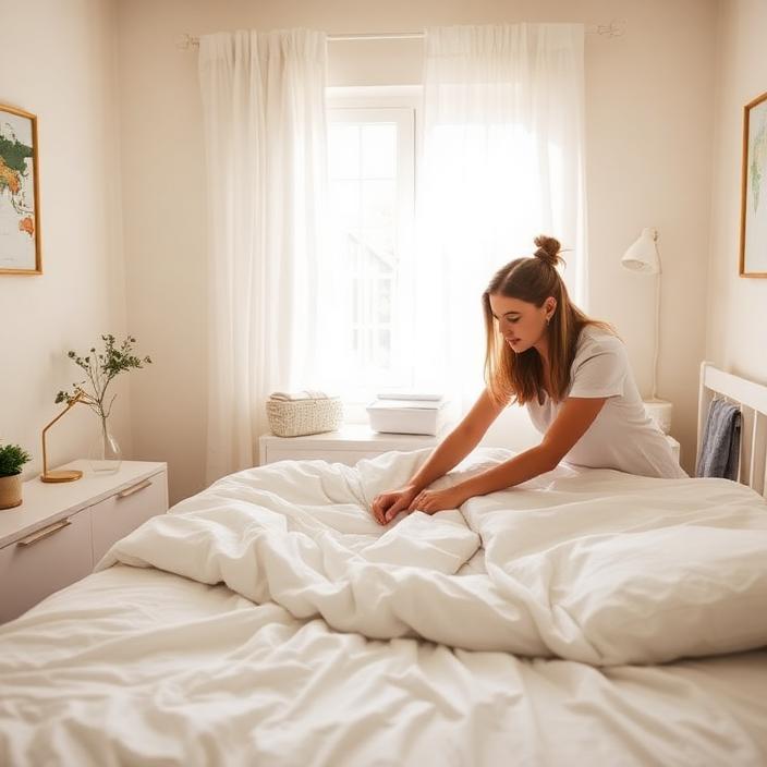 Bed being made with fresh white linen in a sunny bedroom