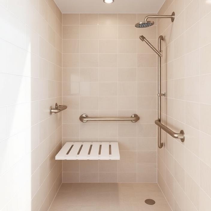 Step-free roll-in shower with a folding seat and grab rail