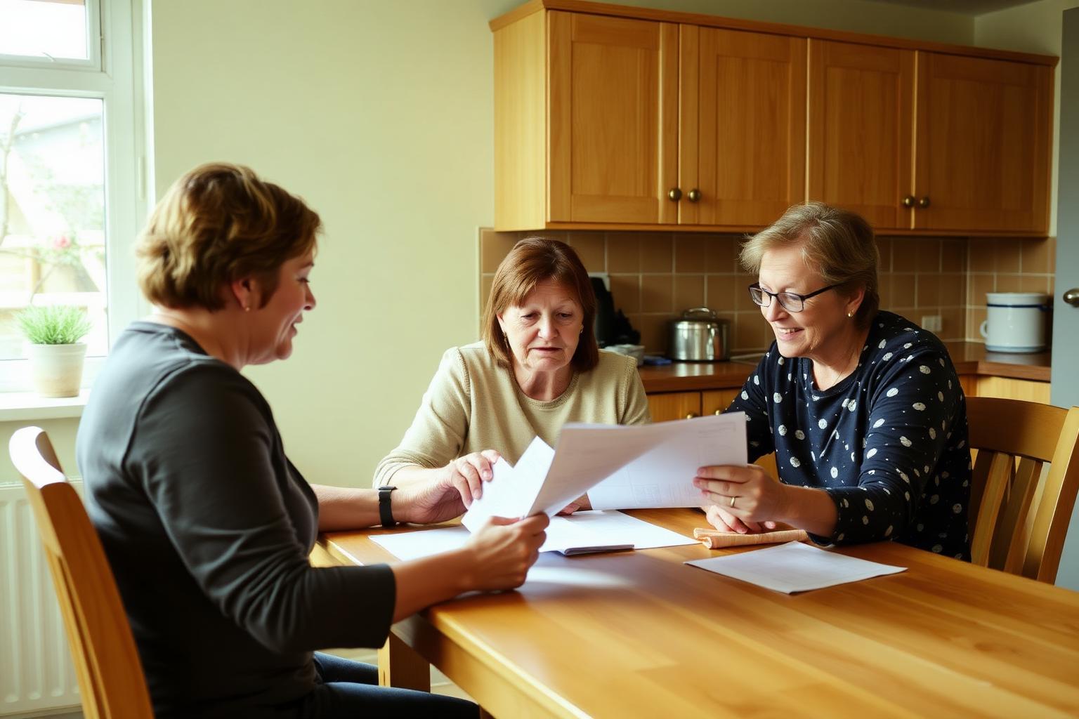 Support coordinator reviewing an NDIS plan at a kitchen table with a participant