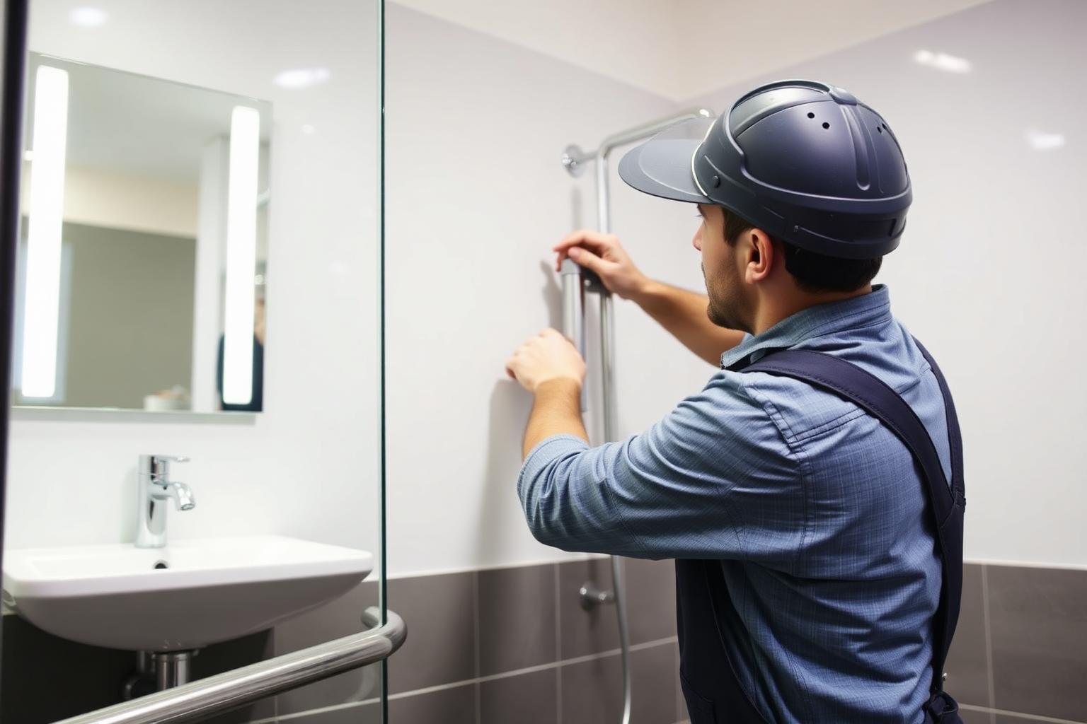 Tradesperson installing a grab rail in an accessible bathroom