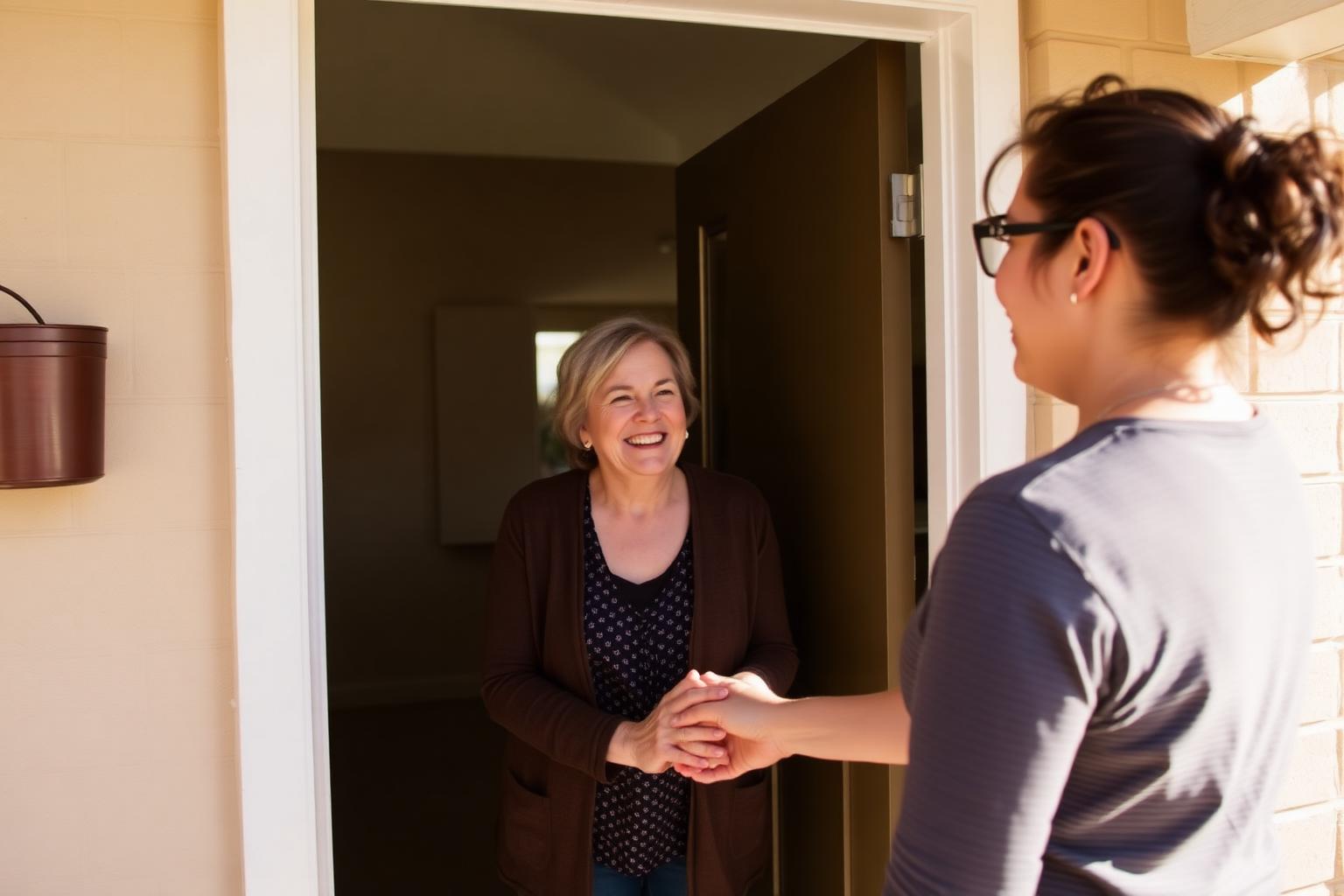 Support worker warmly greeting a participant at their front door
