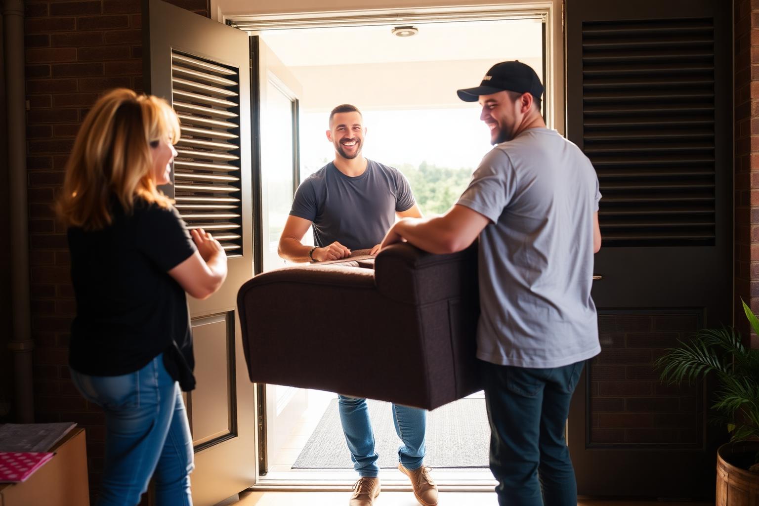 Removalists carrying a couch into a new home, smiling resident greeting them