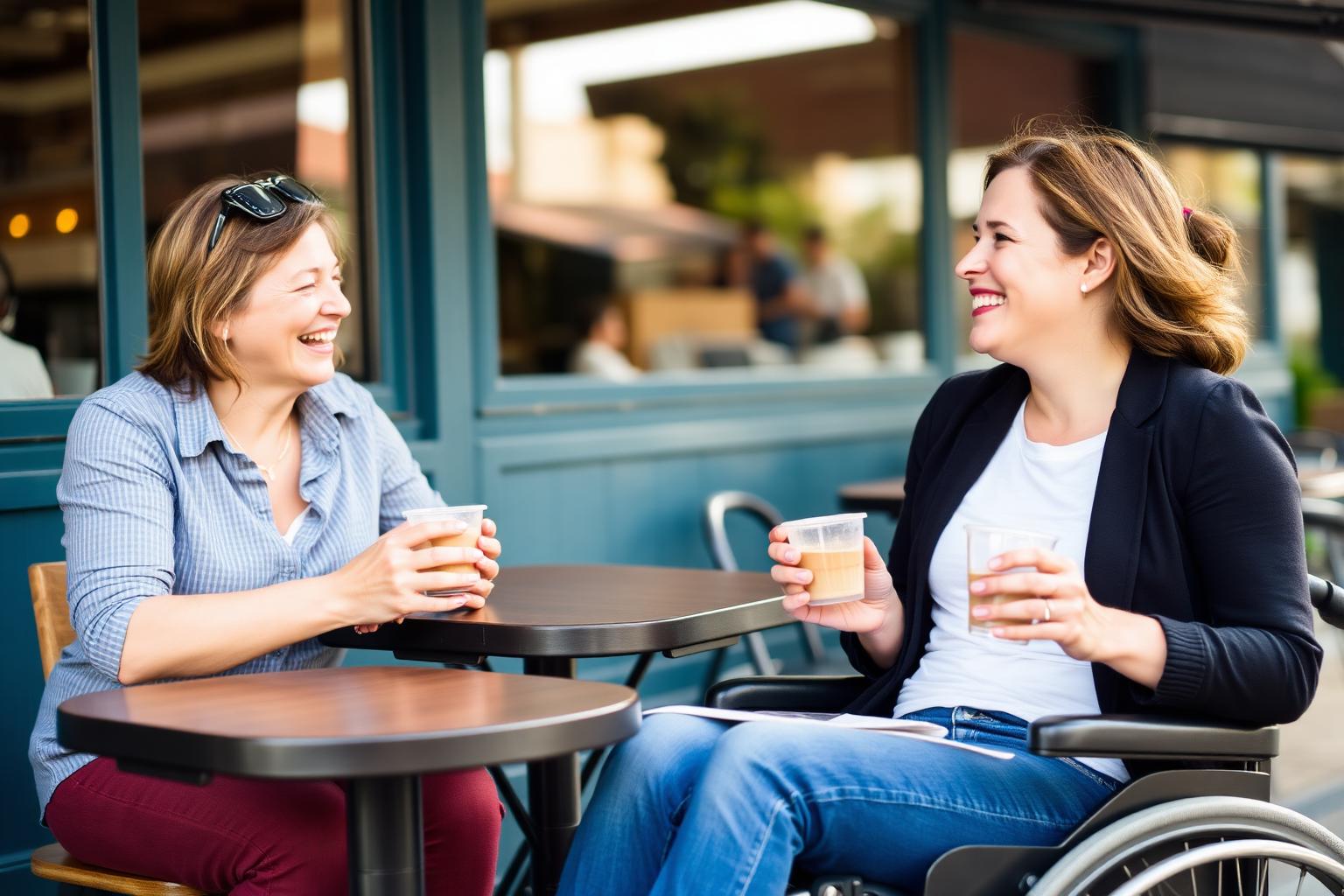 Two friends enjoying coffee outdoors at an Australian cafe