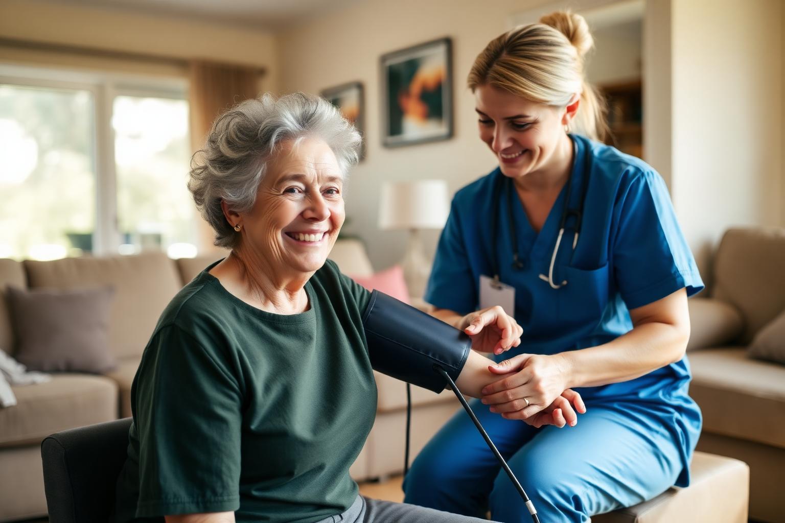 Community nurse checking blood pressure of a smiling participant at home