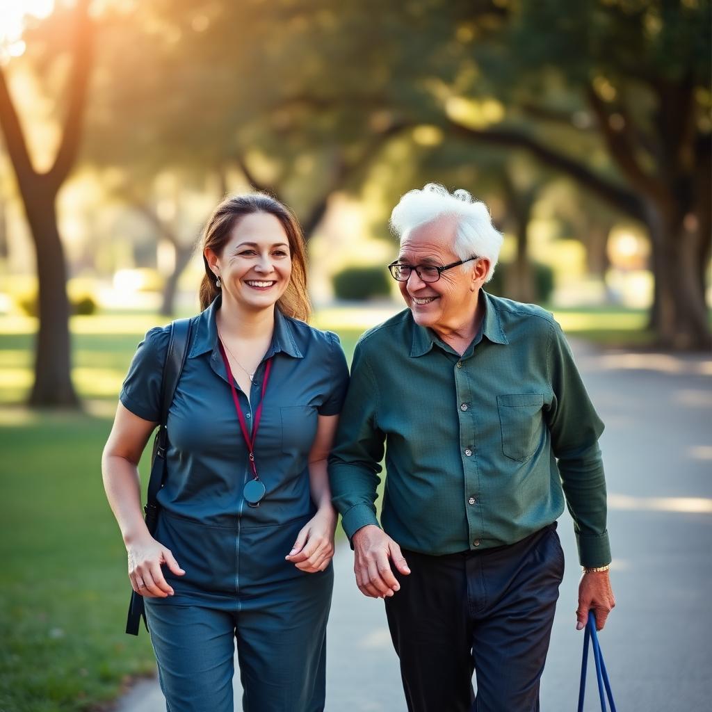 A Wise Healthcare support worker walking with an NDIS participant in a sunlit park