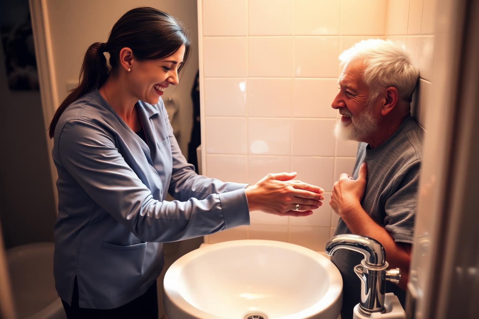 Support worker assisting with morning self-care routine